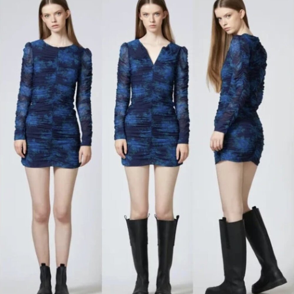 GANNI Sky Captain Blue Floral Long Sleeve Ruched Stretch Mesh Midi Dress NWT